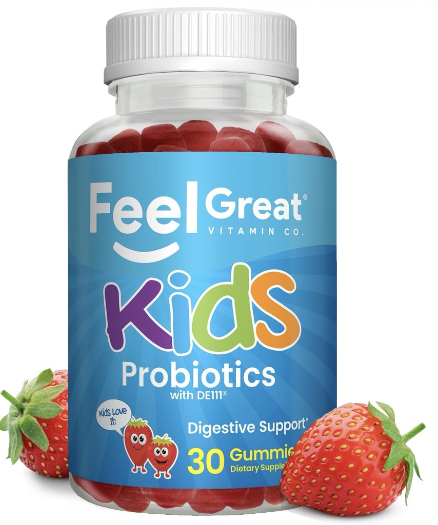 Feel Great USDA Organic Kids Probiotics Gummies | Chewable Strawberry Probiotics for Digestive Health & Immune Support | Plant Based Probiotic & Prebiotic for Kids | 30 Count