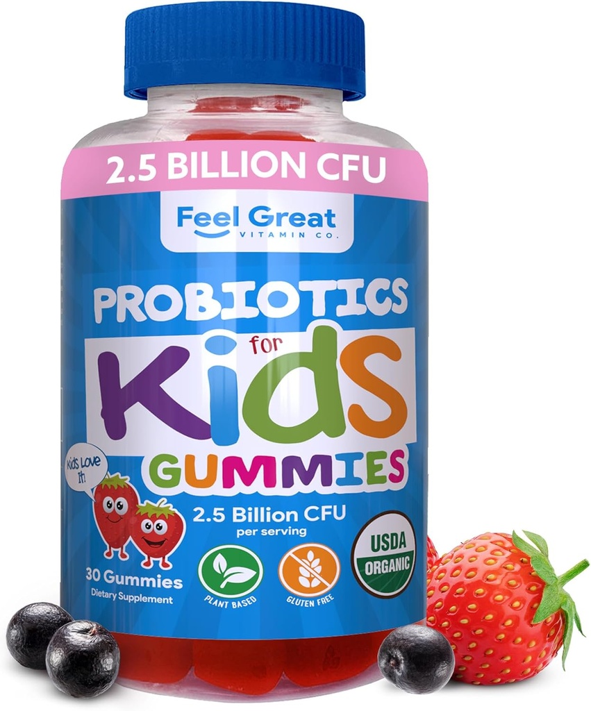 Jauskitės puikiai USDA Ekologiškas vaikams Probiotikai Gummies ® 124; Chewable Braškių Probiotikai Digistive Health & Immunal Support ® 124; Augalų pagrįstas Probiotikai & Prebiotikai vaikams ® 124; 30 Skaičiavimas