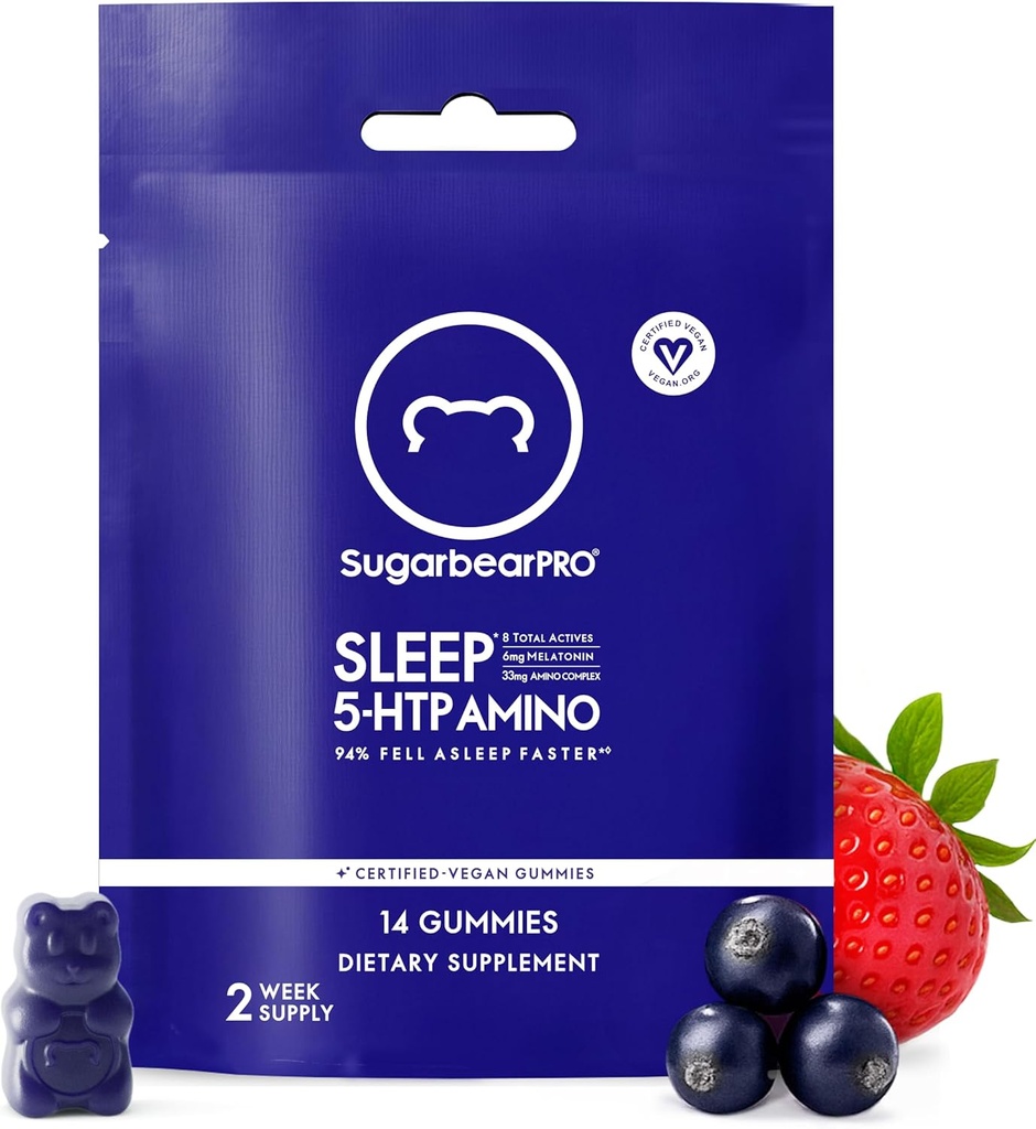 SugarBearPro Sleep Gummy 14 Day Supply, Extra Strength Melatonin 6mg, Men & Qadınlar, Vegan Vitamin B6, L-Theanine, 5 HTP, Valerian, Yetişkinlər üçün Sleep Aid, Sertifikatlaşdırılmış Kosher