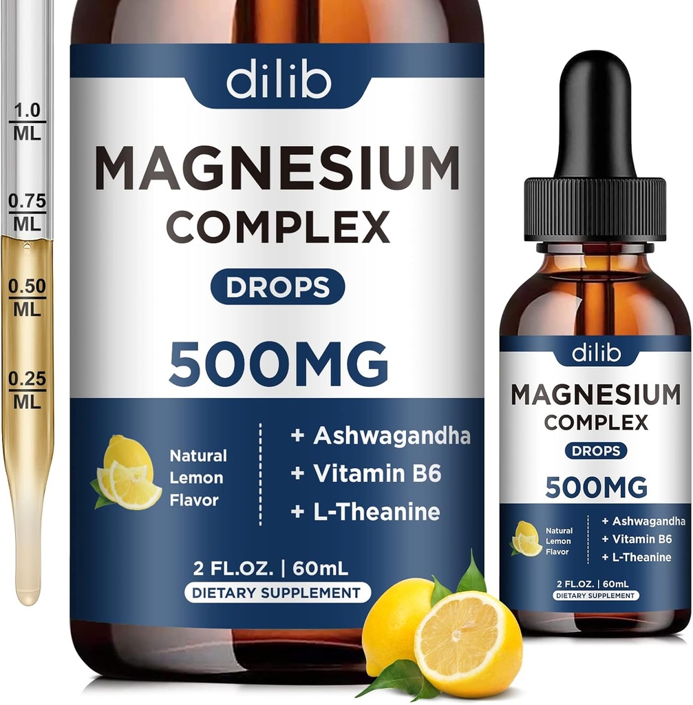 Glycinat de magnésium gouttes liquides, supplément triple complexe de magnésium avec citrate, malate 500mg Ashwagandha, L-Theanine, vitamine B6 pour le sommeil, calme, soulagement du stress, os, musculation, arôme de citron