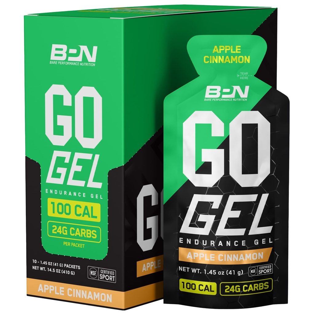 BARE PERFORMANCE NUTRITION, BPN Go Gel Endurance, 24g of Carbohydrates & 100 Calories per Pack, Vegan + Gluten Free Running Gel, 10 Single-Serving Packs, Apple Cinnamon