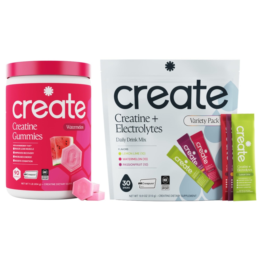 Create Creatine Gummies & Creatine + Electrolytes Bundle - Creatine Monohydrate, NSF Certified for Sport, 90ct Watermelon Gummies + 30ct Variety Stick Packs
