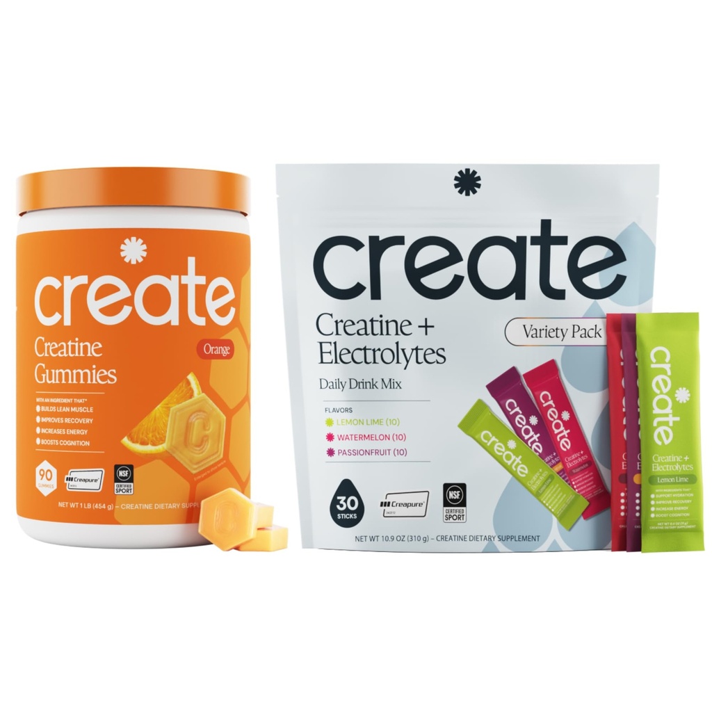 Create Creatine Gummies & Creatine + Electrolytes Bundle - Creatine Monohydrate, NSF Certified for Sport, 90ct Orange Gummies + 30ct Variety Stick Packs
