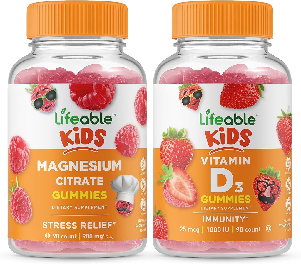 Niños de Magnesio Vidable + Vitamina D Niños, Gummies Bundle - Gran Tasting, Suplemento de Vitamina, Gluten Gratis, GMO Gratis, Chewable Gummy
