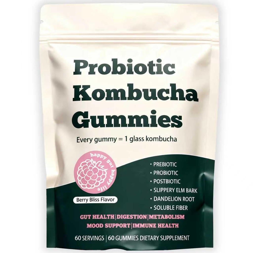 Probiotic Kombucha Gummy - Prebiotics + Probiotics + Postbiotics | Contains MCT Oil, elm bark, Dandelion Root, and Fiber | Promotes Gut Health | 60 Capsules