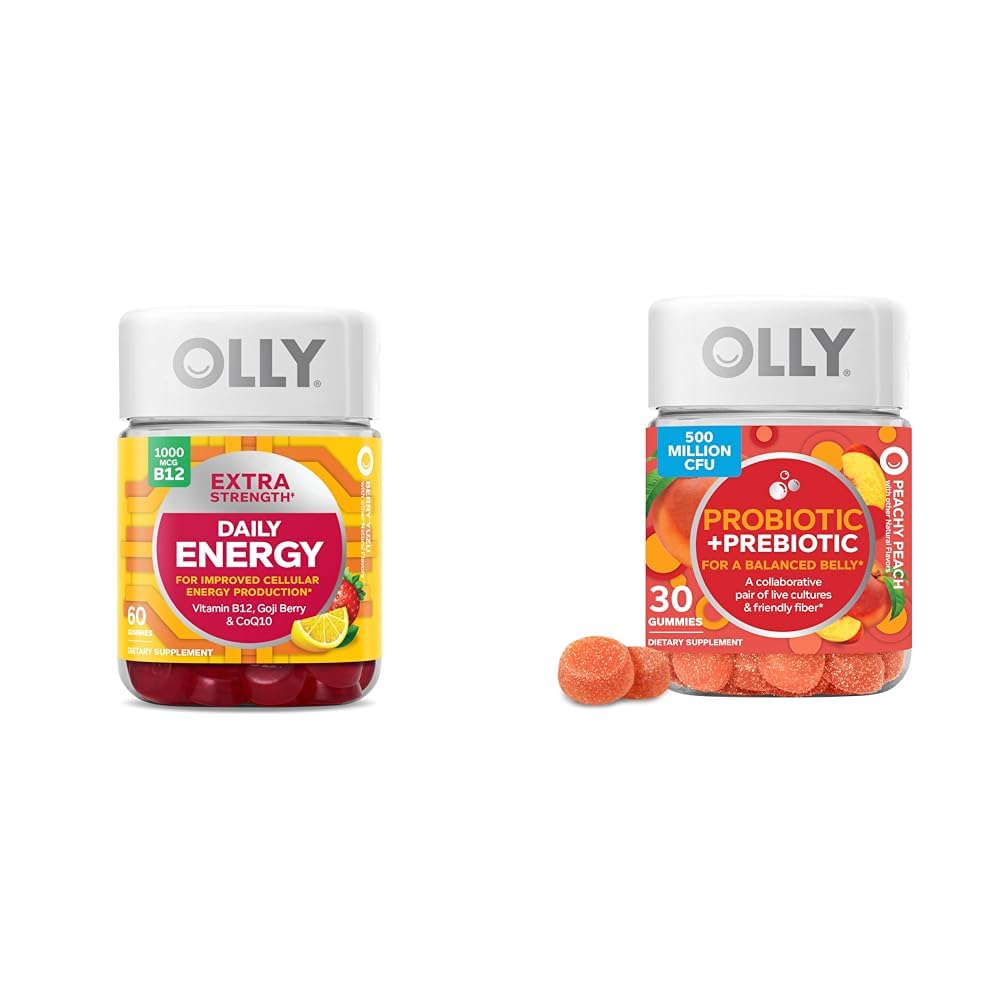 OLLY Extra Strength Daily Energy Gummy, Caffeine Free, 1000mcg Vitamin B12, CoQ10, Goji Berry & Probiotic + Prebiotic Gummy, Digestive Support and Gut Health, 500 Million CFUs, Fiber