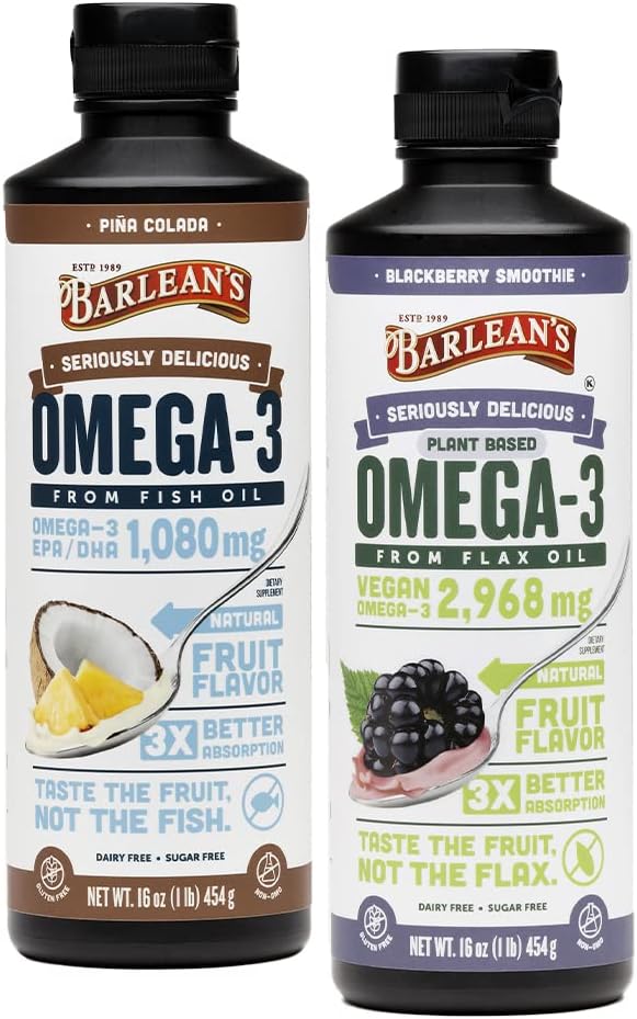 Barlean 's Omega 3 Liquid Supplement Bundle, BlackBerry Smoothie Flax Seed Oil and Piña Colada Fish Oil Supplements Set, 16 oz