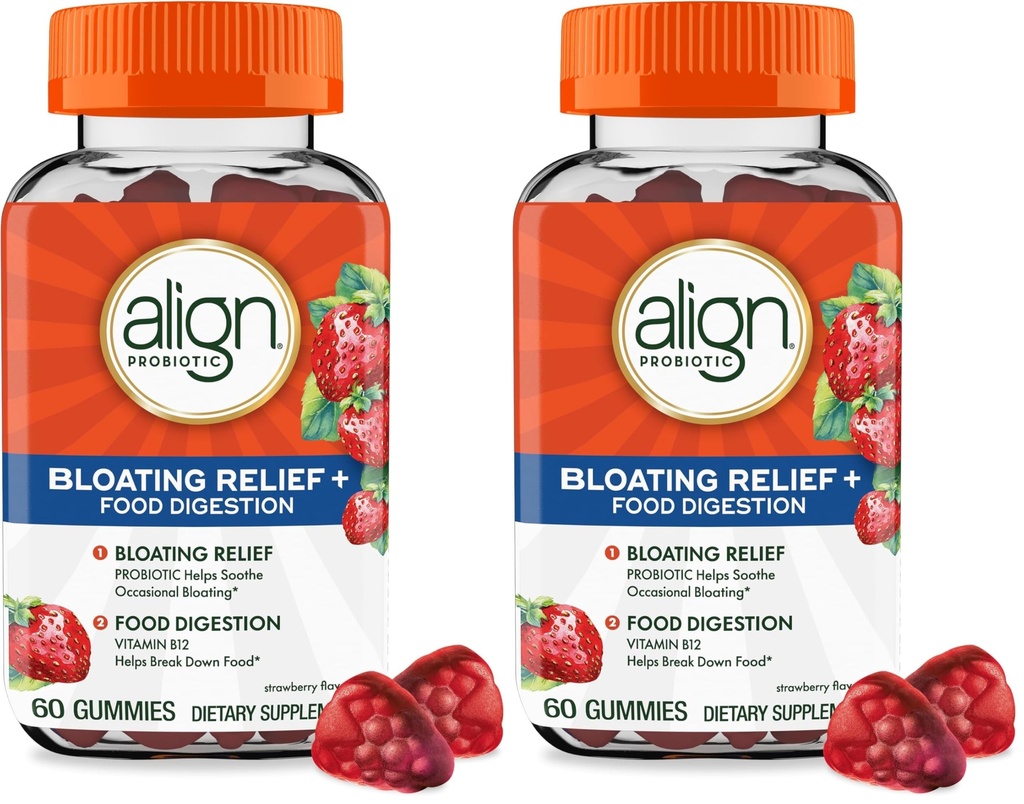 Align Probiotic, Bloating Relief + Food Digestion, Probiotics for Women and Men, Probiotic Helps Soothe Occasional Bloating*, with Vitamin B12 to Help Break Down Food into Cellular Energy*,60 Gummies