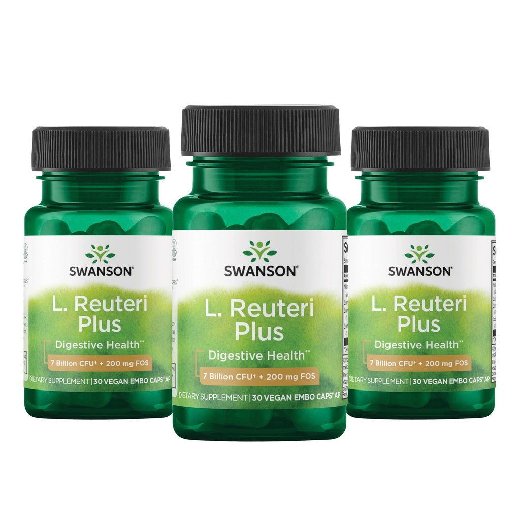 Swanson L. Reuteri Probiotic Plus with L. Rhamnosus, L. Acidophilus & FOS Prebiotic for Gut-Health-Conscious Adults - 7 Billion CFU (30 Vegan Capsules, 3 Pack)
