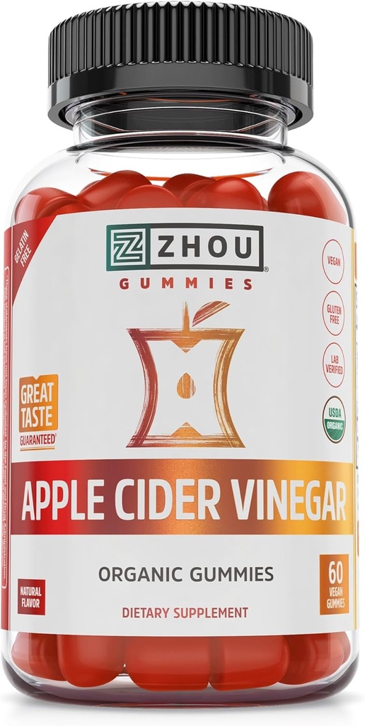 Zhou Apple Cider Vinegar Gummies - ACV Gummies för kvinnor och män med Elderberry, läckra smak med Raw Cane Sugar, USDA Organic - 60 Vegan Gummies