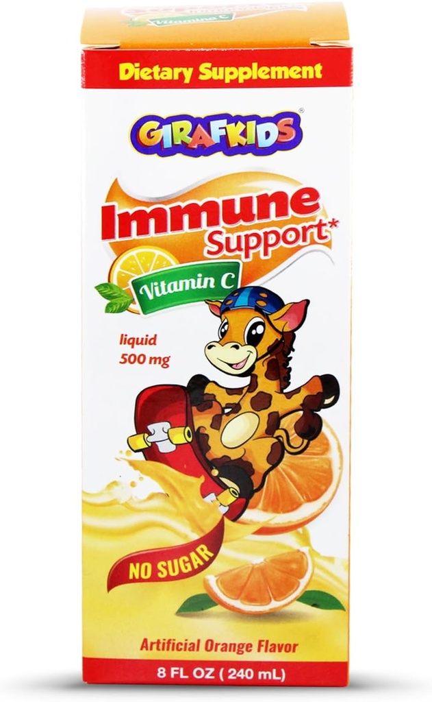 GirafKids Liquid Witamina C dla dzieci w wieku 4 + Witamina 124; 8 Fl Oz, 500mg Witamina 124; Nie - Sugar Formuła z sejfem, Składniki Premium 124; Pyszne Pomarańczowy Flavor 124; Immune Support & Energy Boost