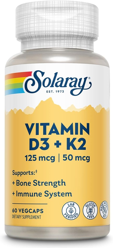SOLARAY Vitamin D3 K2 - Bone Health och Immune Support Supplement - med 5000 IE Vitamin D som VIT D3 och 50 mcg Vitamin K2 som Menoquinone MK7, Made Without Soy, 60-Day garanti, 60 Serv, 60 VegCaps