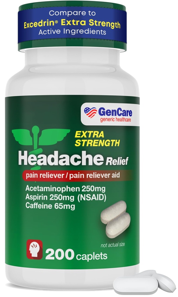 GenCare - Headache Relief Acetaminophen with Aspirin (NSAID) & Caffeine (200 Caplets) Value Pack | Head Pain, Muscle Aches, Back Pain & Body | Generic Excedren Extra Strength