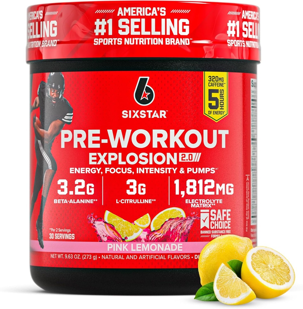 Seis estrelas pre-adestramento de po para homes e mulleres, Pink Lemonade (30 porcións) - Preworkout Explosión 2.0 Energy Powder Drink Mix con Beta-Alanina & cafeína - Suplemento de nutrición deportiva