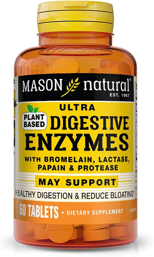 Mason Natural Plant-Based Ultra Digestive Enzymes, with Bromelain, Lactase & Papain, Supports Digestion " Bloating Relief, 60 Capsules, Pack of 3