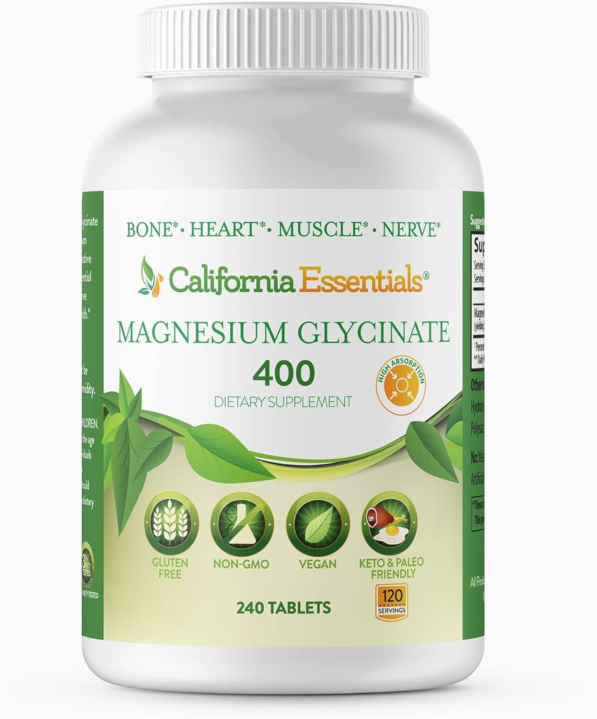 Magnesium Glycinat 400 - Chelated, Høj Absorption Magnesium til muskellindring, Knogle- og hjertestøtte - Vegan, Non- GMO, Gluten- Free 240 tabletter (Servering 120, Servering Størrelse (2) 200 mg tabletter)