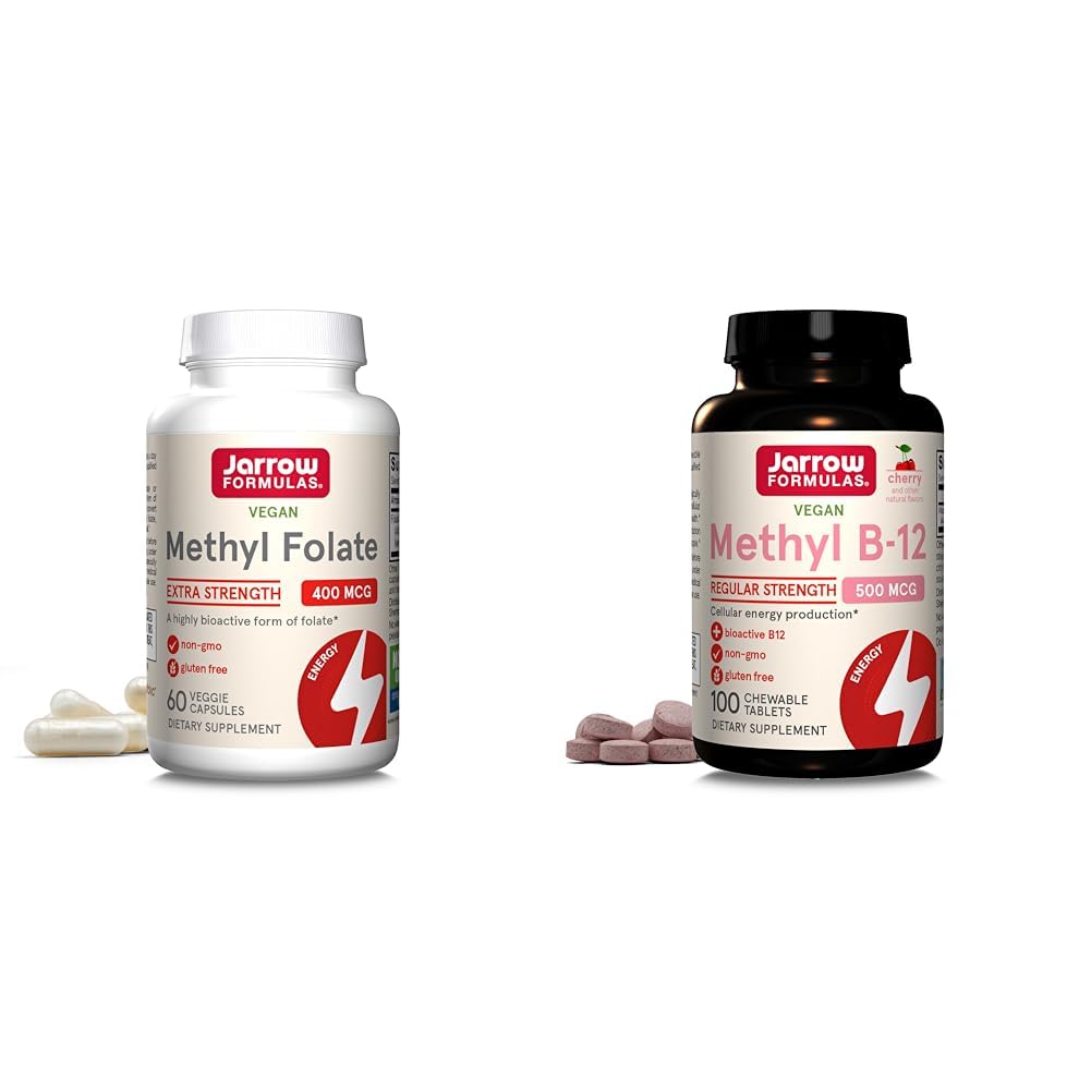 Jarrow Formulas Methyl Folate 400mcg 60 Veggie Capsules and Methyl B-12 500mcg 100 Chewable Tablets Bundle for Cardiovascular, Neurologic, Cellular Energy, and Brain Health Support