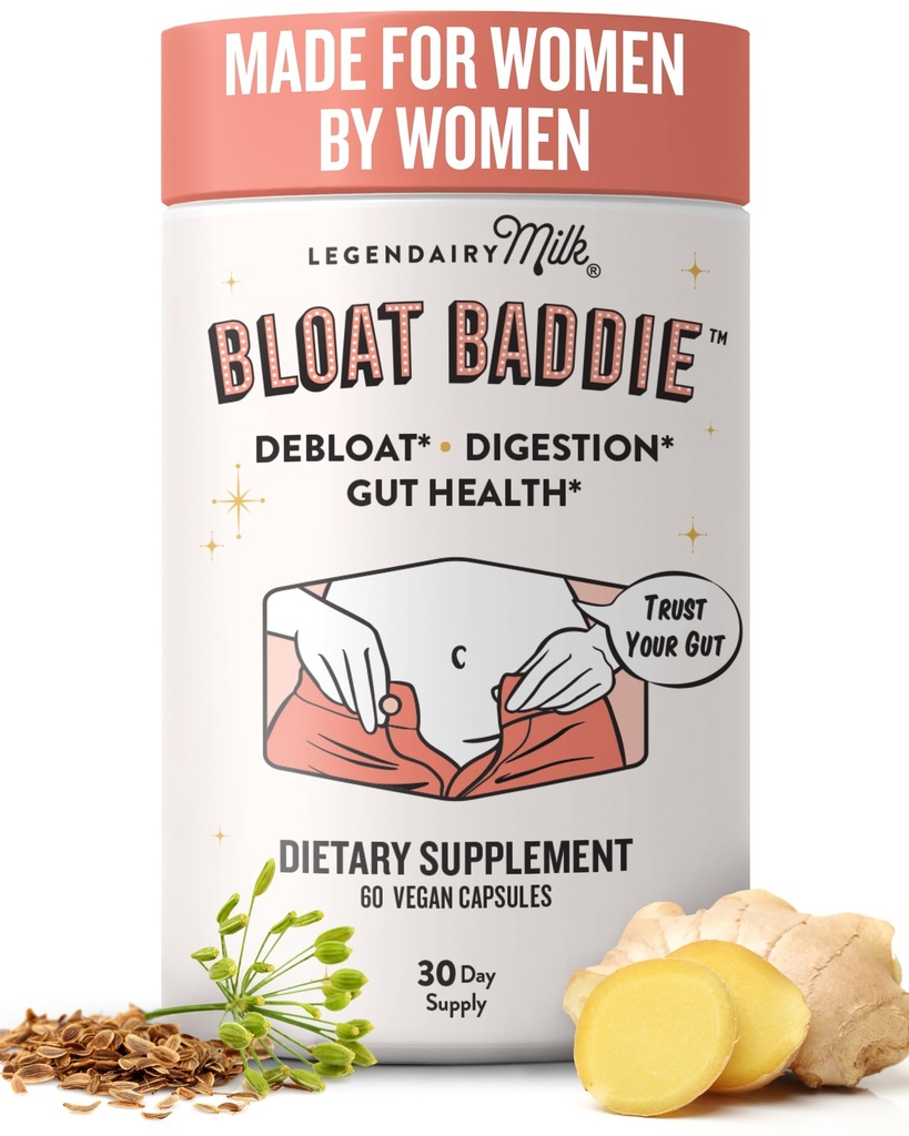 Legendairy Milk Digestive Enzymes for Women, Probiotics for Digestive Health, Gut Health Supplements, Bloating Relief for Women, Debloat Gas Relief w/Ginger & Fennel Bloat Baddie 60 Capsules