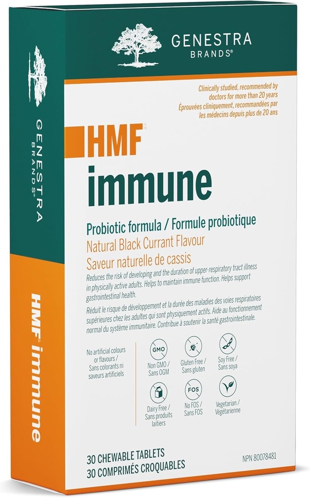Genestra Brands HMF Immune + Probiotic 补充 + 30 Chewable 板块 → 天然黑圆圈 Flavor