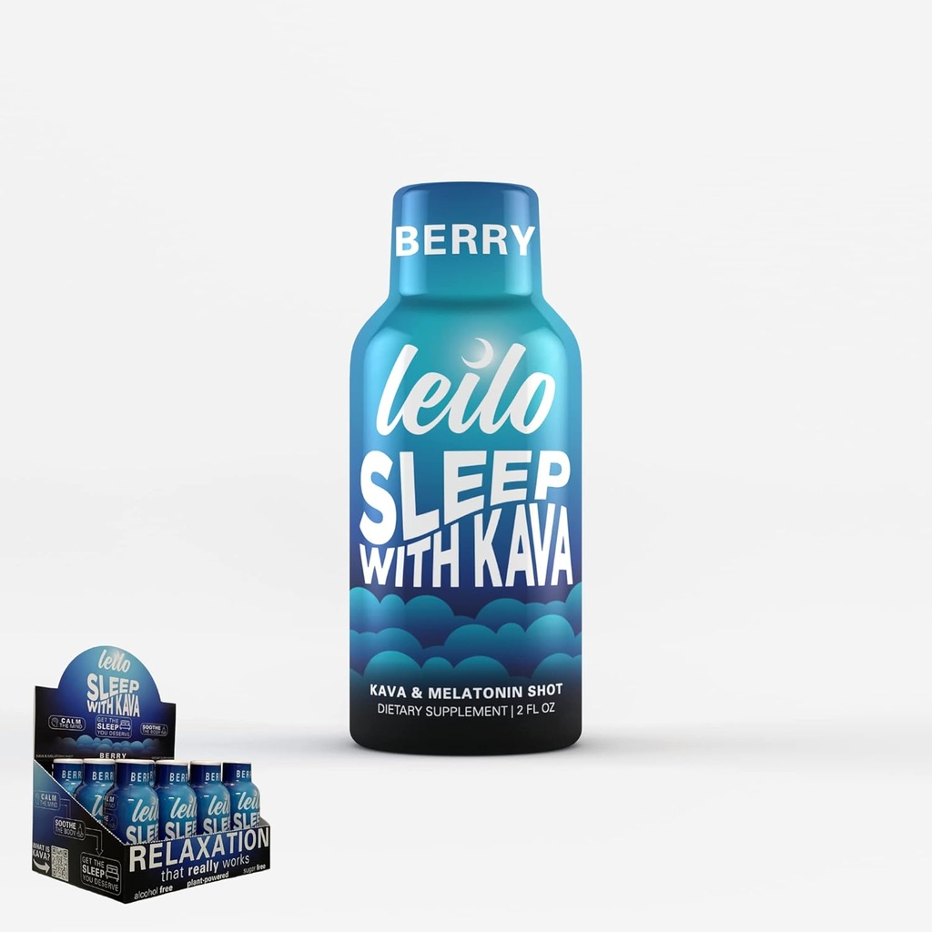 Leilo | Sleep Shot w/Melatonin (3mg) & Kava, GABA, Magnesium| Liquid Supplement | Sugar-Free | Berry Flavored, 2 Ounces, Pack of 12