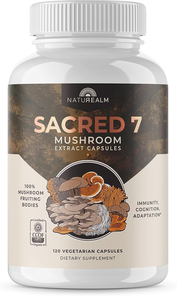 Naturealm Sacred 7 Organic Mushroom Powder for Coffee - Premium Mushroom Supplement Blend with Lions Mane, Reishi, Chaga - USDA Organic Daily Wellness Blend (120 Count (Pack of 1), Sacred 7)