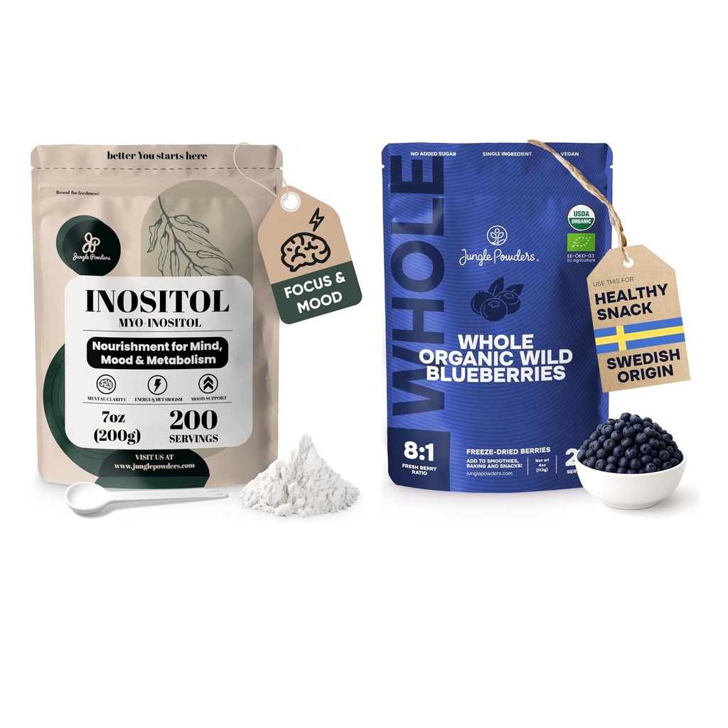 Jungle Powders Inositol Powder 7 Ounce Bag + Organic Blueberries Fresh Freeze Dried Fruit 4 Ounce Bag