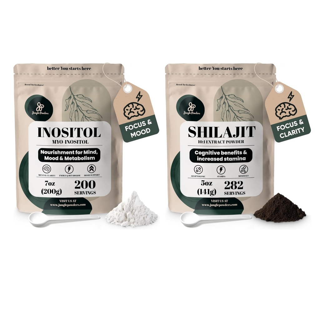 Jungle Powders Inositol Powder 7 Ounce Bag + Shilajit Powder for Men 10:1 Extract 5 Ounce Bag