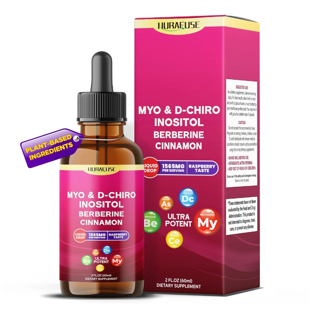Liposomal Myo & D-Chiro Inositol, Berberine, Cinnamon Liquid Drops – 1565mg per Serving, Ultra Potent, Raspberry Taste – 2 FL OZ (60ml)