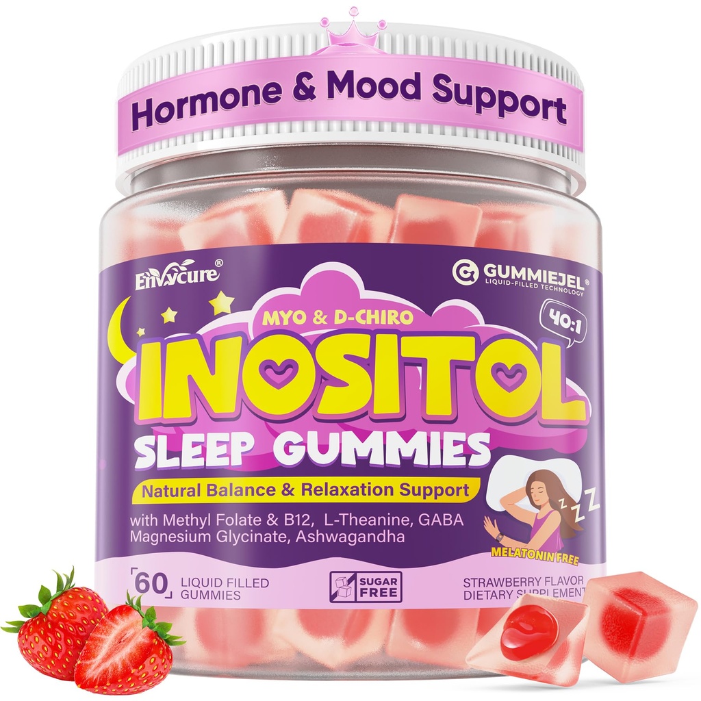Myo-Inositol & D-Chiro Inositol Gummies for Women w/ Deep Calm Magnesium Glycinate, Ashwagandha, L-Theanine for Mood Calm Sleep, Inositol w/ Methylfolate, B12 for Hormone, Ovarian, Sugar Free, 60ct