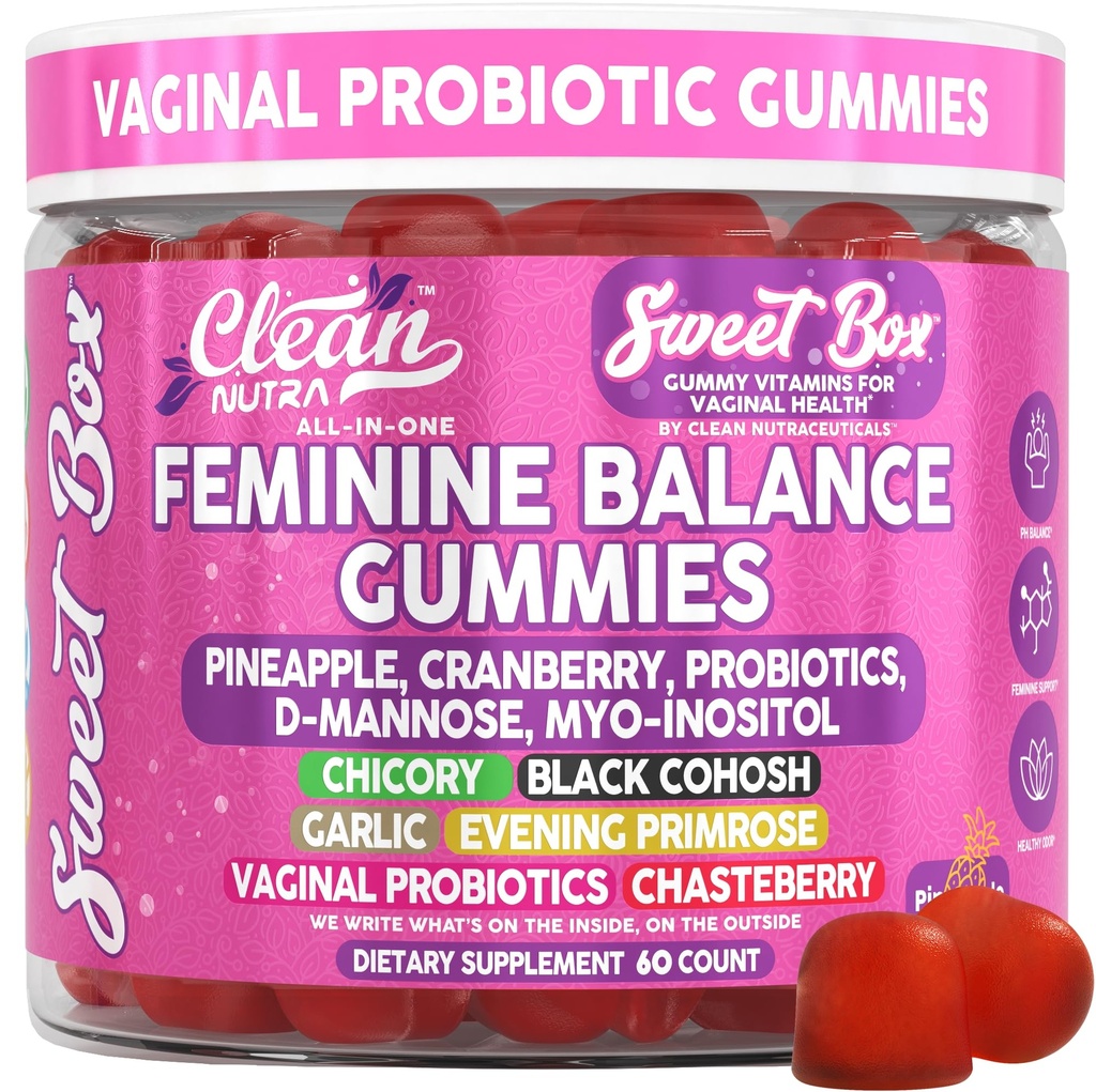 Clean Nutra Feminine Balance Gummies for Women Pineapple VaginalProbiotics pH Balance Cranberry D Mannose Supplement Inositol Black Cohosh Evening Primrose Garlic Vitex GLA Prebiotics Folate 60ct
