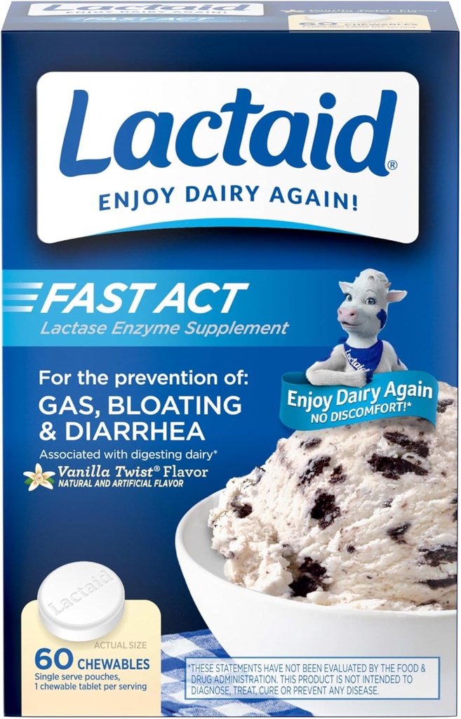 Lactoid ràpid Llei Lactose inlerance Chewables with Natural Lactse Enzyme per tal de prevenir gas, Bloting & Diathea Degut a Lactose Sensibilitat, On-Go, Vanilla Twitch Flavor, 60 x 1 c