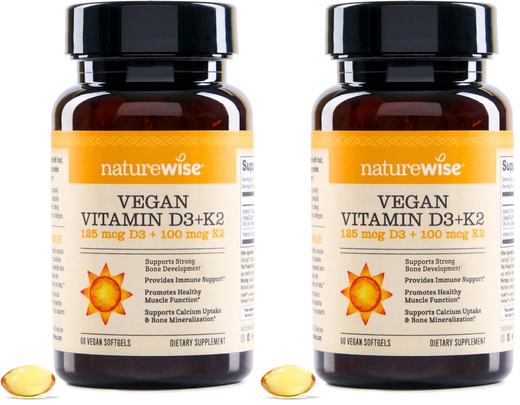 NatureWise Vegan Vitamin D3 + K2 - Natural D3 5000IU + Natural Vitamin K2 100mcg - Bone Support - High Absorption with Organic Cold-Pressed Olive Oil - Non-GMO, (Pack of 2)