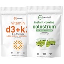 Micro Ingredients Vitamin D3 5000 IU with K2 100 mcg, 300 Softgels & Instant Colostrum Powder Bundle 2 Pack | Essential Sunshine Vitamins | Grass-Fed Bovine Mother’s First Milk