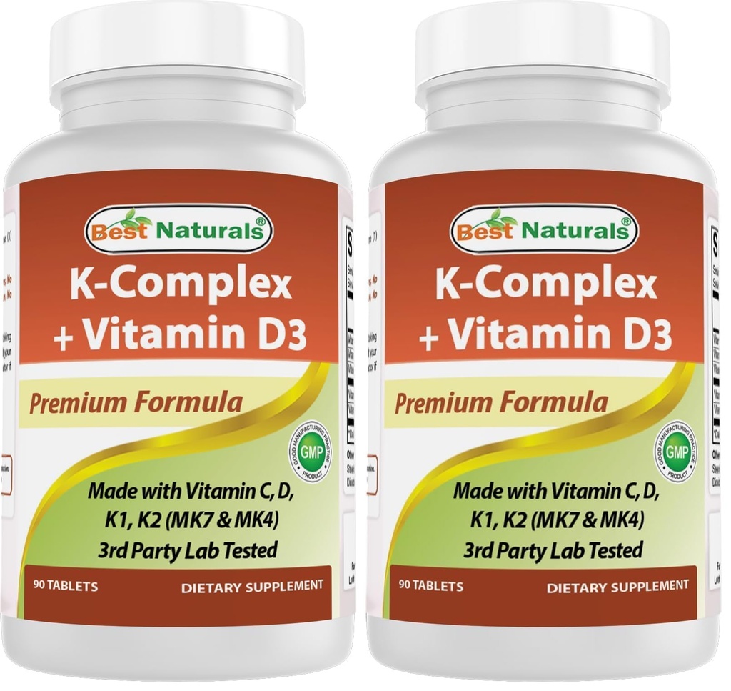Best Naturals K-Complex with K1 (Phytonadione 1500 mcg + K2 as Menaquinone 100 mcg + K2 as MK-4 1000 mcg) + D3 + VIT. C - 90 Tablets - Made in The USA (Pack of 2)