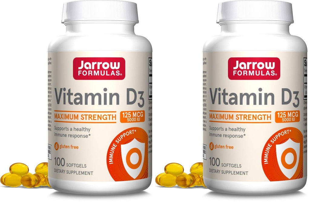 Jarrow Formulas Vitamin D3 125 mcg (5000 IU) - 100 Servings (Softgels) - Bone Health, Immune Support & Calcium Metabolism Support - VitaminD Supplement - 5000 IU VitaminD - Gluten Free, (Pack of 2)