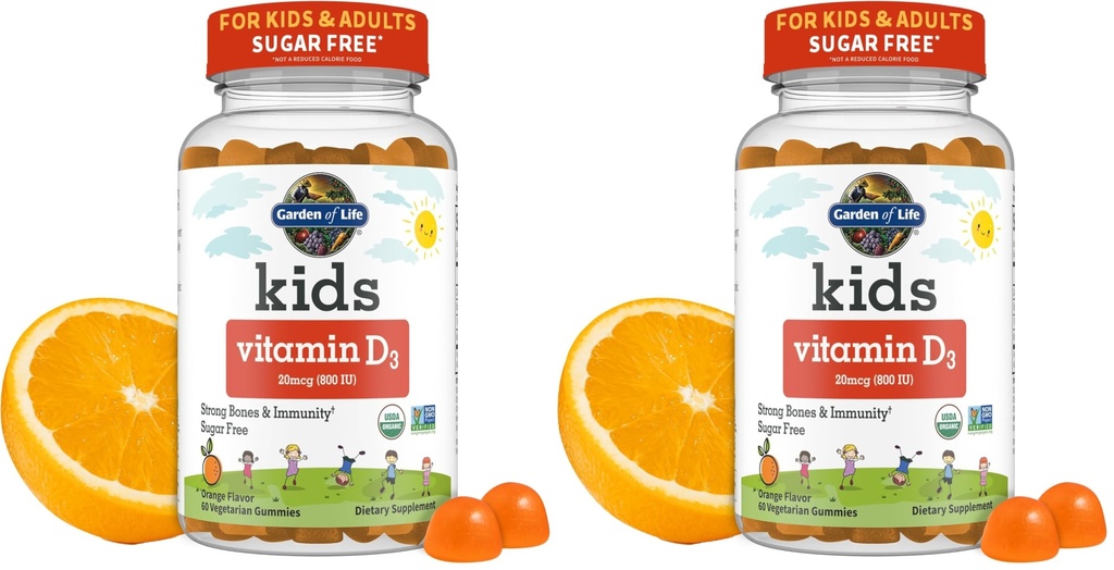 Garden of Life Kids Organic Vitamin D3 Gummies with 800 IU (100% Daily Value) for Strong Bones,Teeth,Brain & Immunity – Non-GMO,No Gluten,Vegetarian,Sugar Free,Orange Flavor,60 Count(Pack of 2)