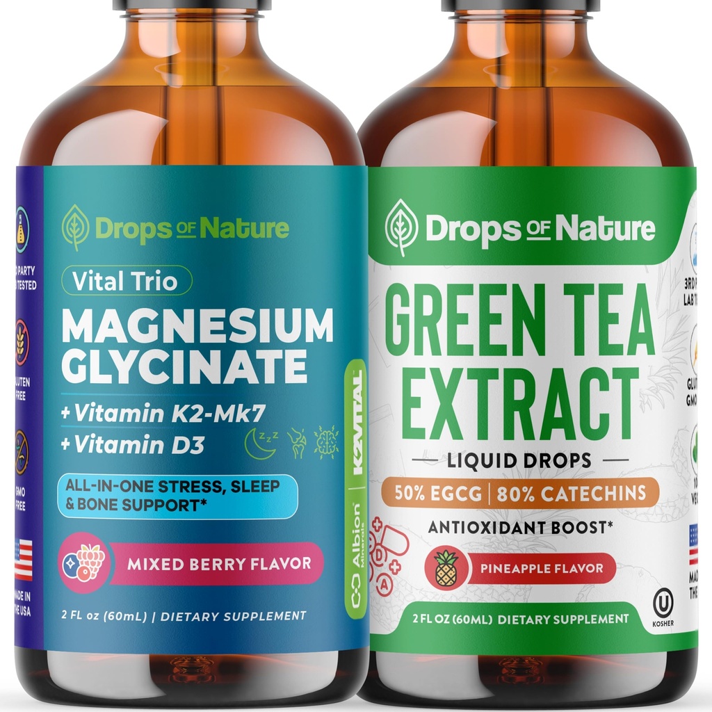 Drops Of Nature Green Tea Extract Liquid Drops (Pineapple, 60mL) & Magnesium Glycinate with Vitamin K2 D3 Drops (Mixed Berry, 60 mL) – Vegan, Gluten-Free – Antioxidant & Daily Mineral Wellness Support