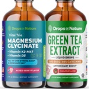 Drops Of Nature Green Tea Extract Liquid Drops (Pineapple, 60mL) & Magnesium Glycinate with Vitamin K2 D3 Drops (Mixed Berry, 60 mL) – Vegan, Gluten-Free – Antioxidant & Daily Mineral Wellness Support