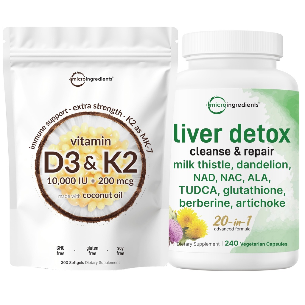 Micro Ingredients Vitamin D3 10,000iu + K2 200mcg Softgels & Liver Detox 2 Pack Bundle | Essential D & K Sunshine Vitamins | 20-in-1 Advanced Formula with Milk Thistle, Dandelion, & More