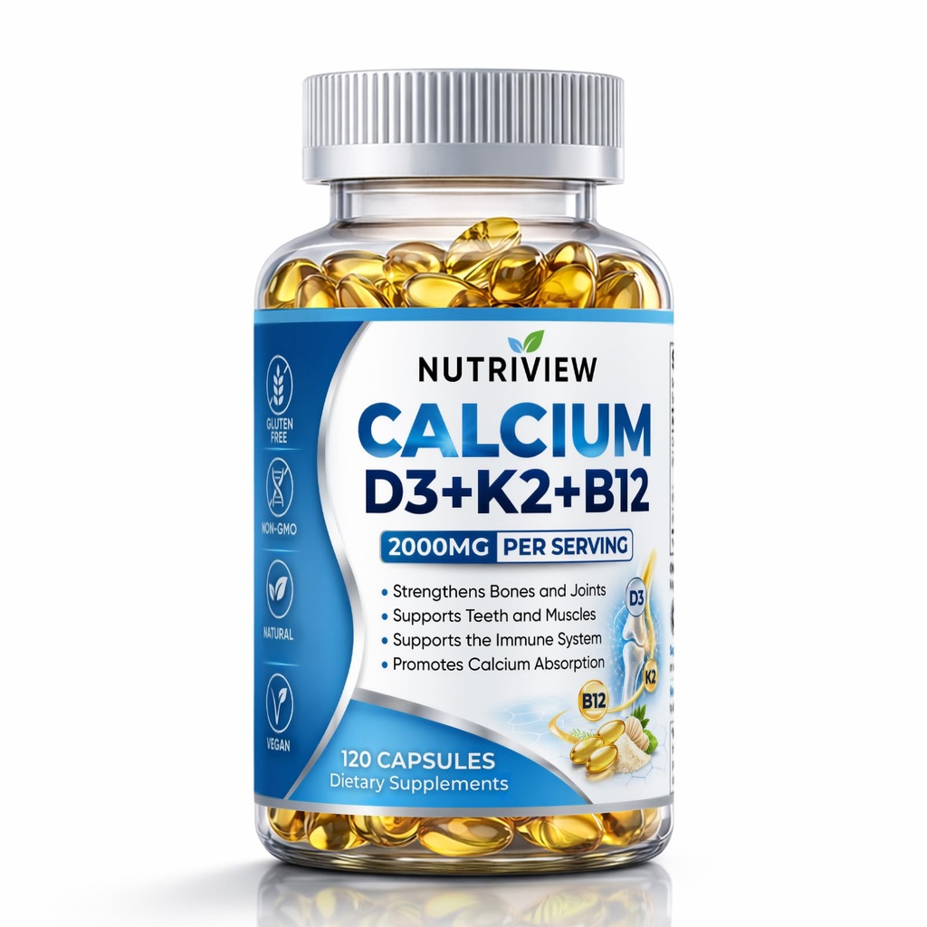 Nutriview Calcium D3 + K2 + B12 Softgels, 2000mg Suplemento De Calcio, Glucosamina + Condroitin Added, Strengthen Bones and Teeth, Boost Energy, Vegen, Non-GMO, 120 Capsules (1)