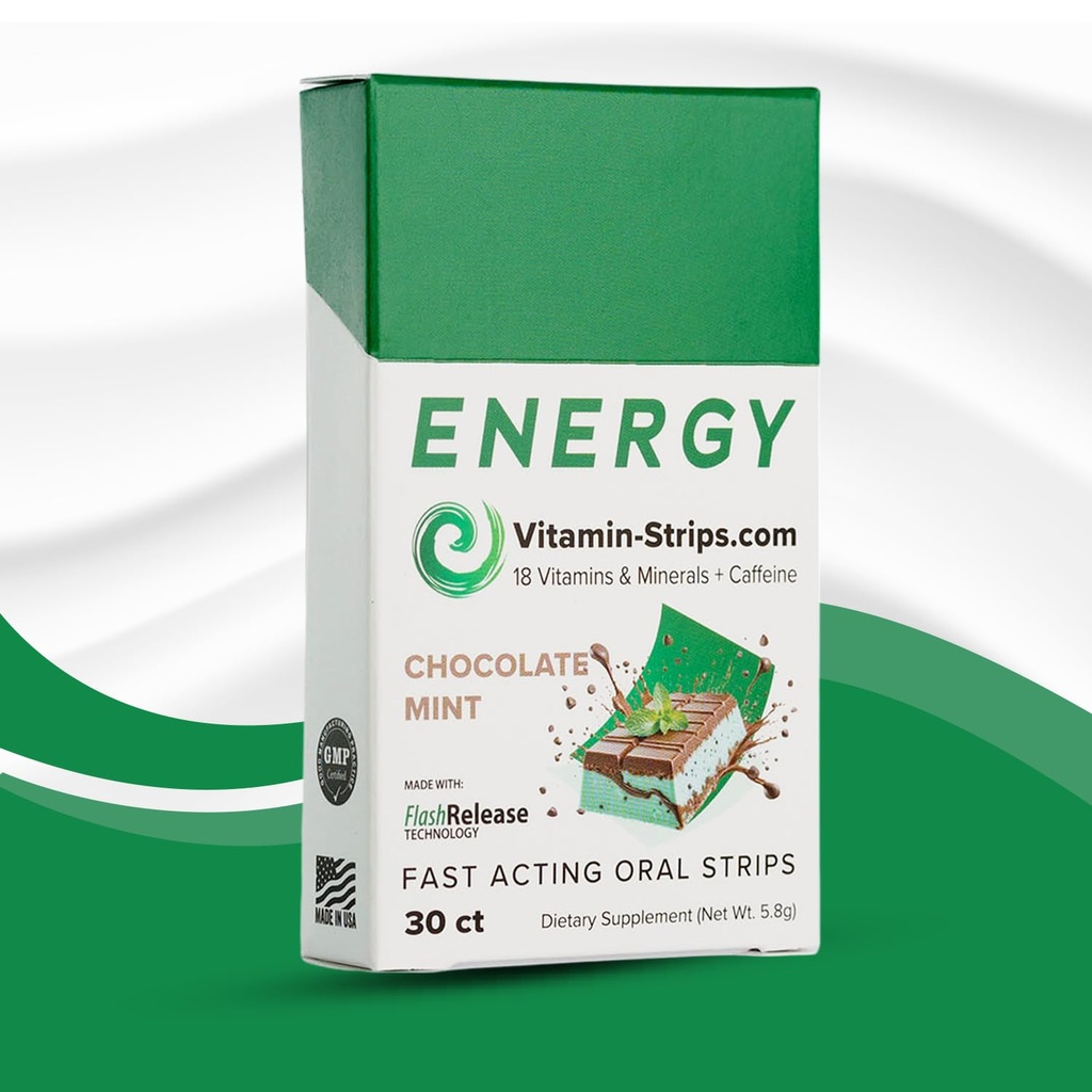 Peak Performance Energy Strips — Vegan, Gluten Free, Soy Free & Sugar-Free Breath Strips w/Caffeine, 18 Vitamins & Minerals — Instant Energy Boost Chocolate Mint Dietary Supplement — 30 Oral Strips