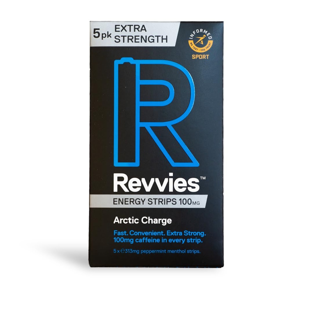 Revvies Extra Strength Energy Strips | 100mg Caffeine Per Strip | Suitable Pro Athlete | Sugar-Free | Less Than 2 Calories | Vegan | Gluten Free (10 x 5Pk, Arctic Charge)