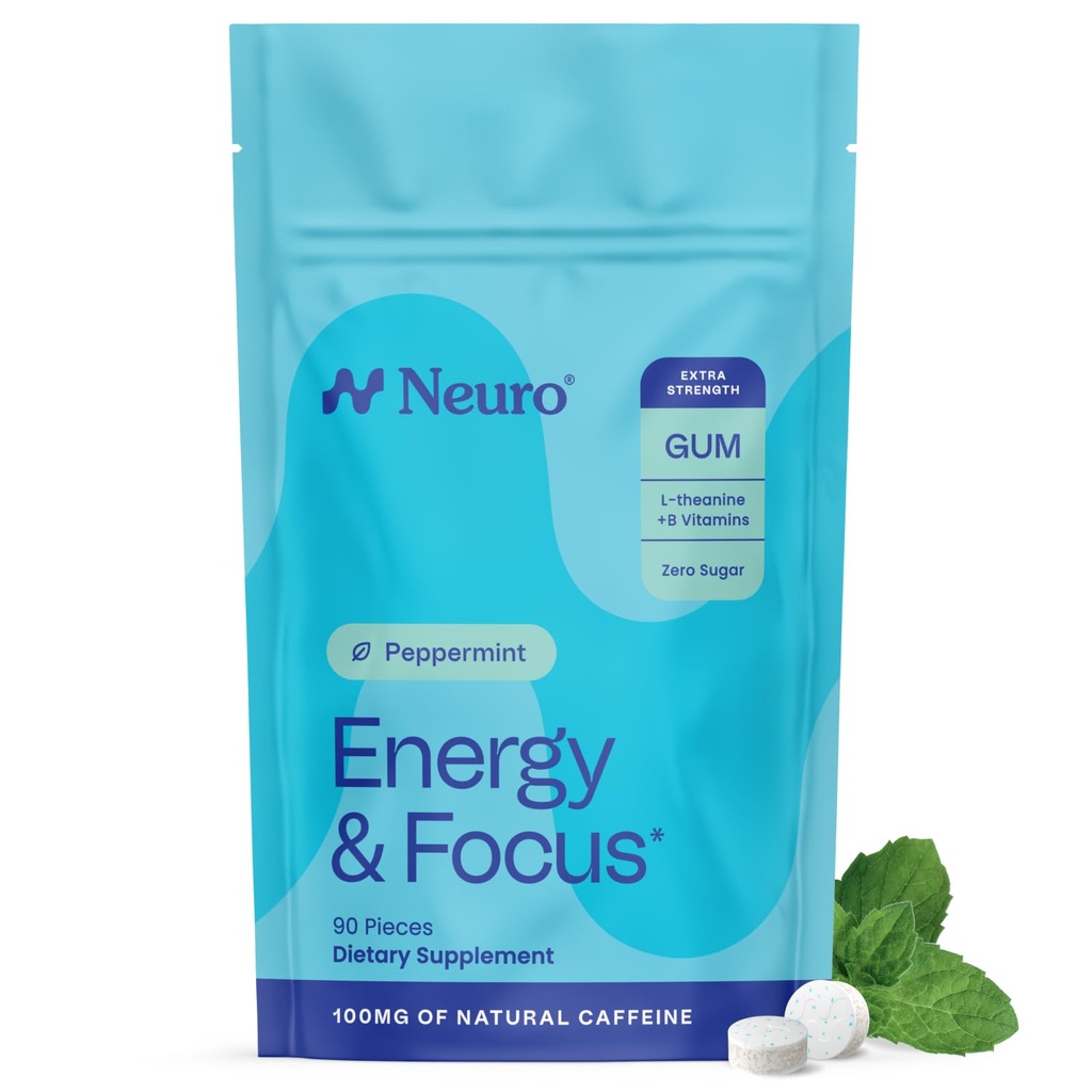 Neuro Energy & Focus Gum, Extra Strength - 100mg Natural Caffeine Gum & Nootropic Energy Supplement with L-Theanine & B Vitamins - Sugar Free, Vegan - Peppermint, 90ct