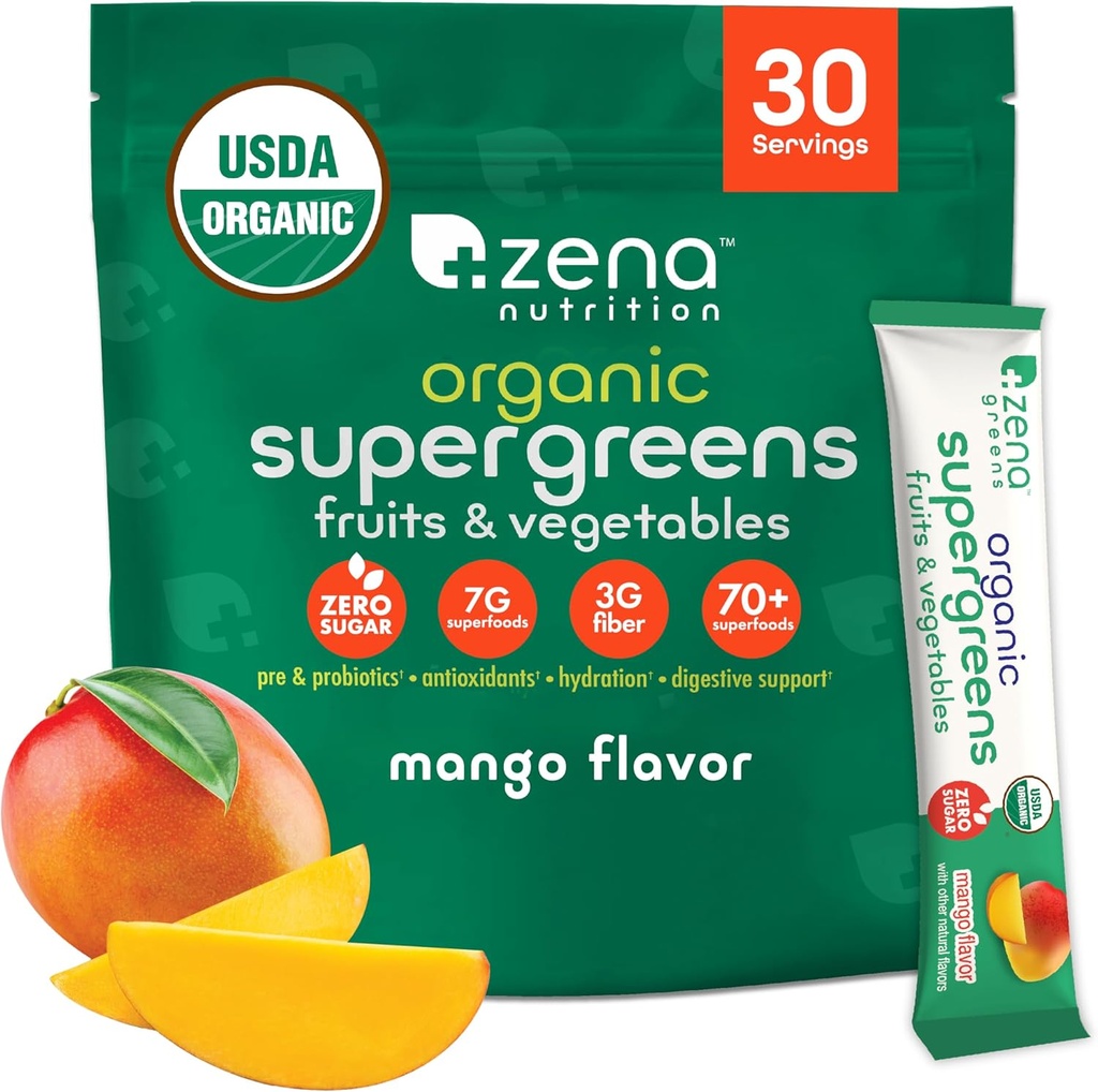 Zena Nutrition Super Greens Powder, 70+ siêu thực phẩm, 0 Sugar, 3G Fiber, Spirulina, chlorella, Antioxidts, Prebiostics/Probiostics, xếp hình inzymes, Mango, 30 ly Mitter Packts