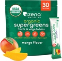 Zena Nutrición Super Greens Powder orgánico, 70+ Superfoods, 0 Sugar, 3G Fiber, Spirulina, Chlorella, Antioxidantes, Prebióticos / Probióticos, Enzimas dixestivos, Mango, 30 Drink Mix Packets
