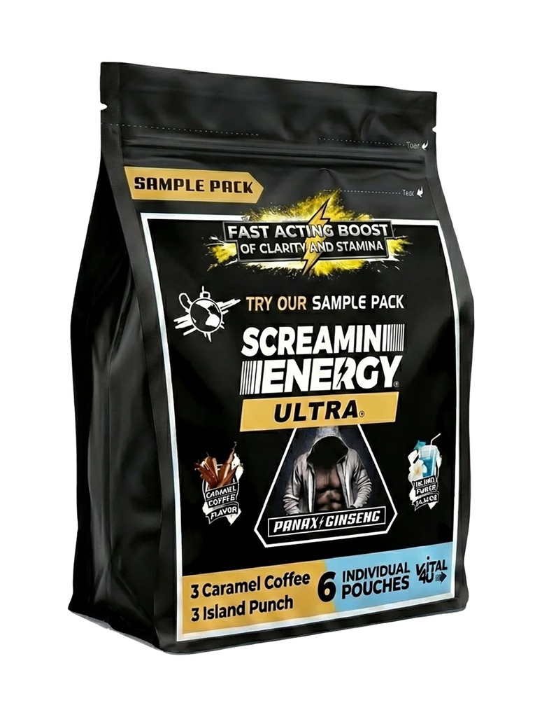 Screamin Energy Ultra Sample Pack, 6 Energy Shot Pouches | Caramel Mocha and Island Punch Flavors | Caffeine with Panax Ginseng and B Vitamins