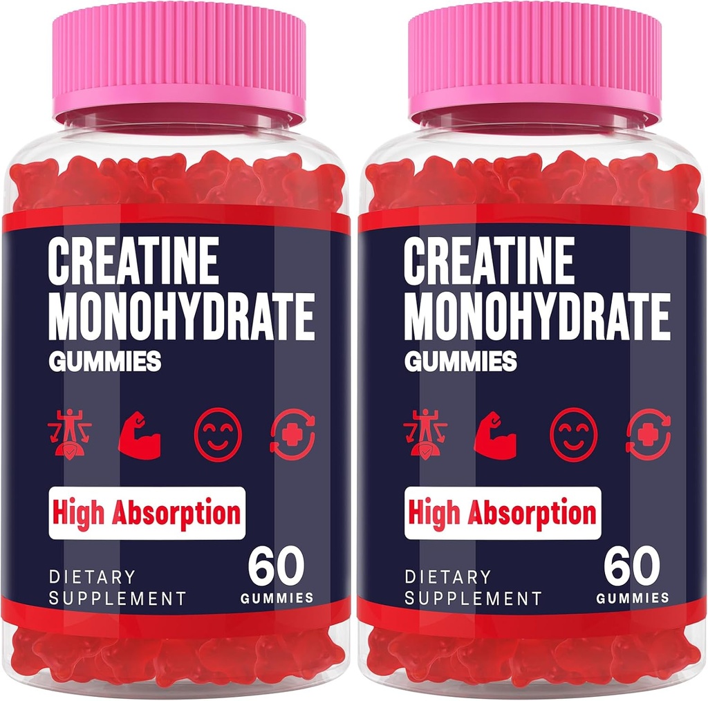 Kreatin Monohydrat Gummies for kvinner og menn, Taurin & B6, Chewable Creatina Pre Workout Gummies for Max styrke og muskelvekst, energi, utholdenhet, Kreatin for menn og kvinner - 2 flasker