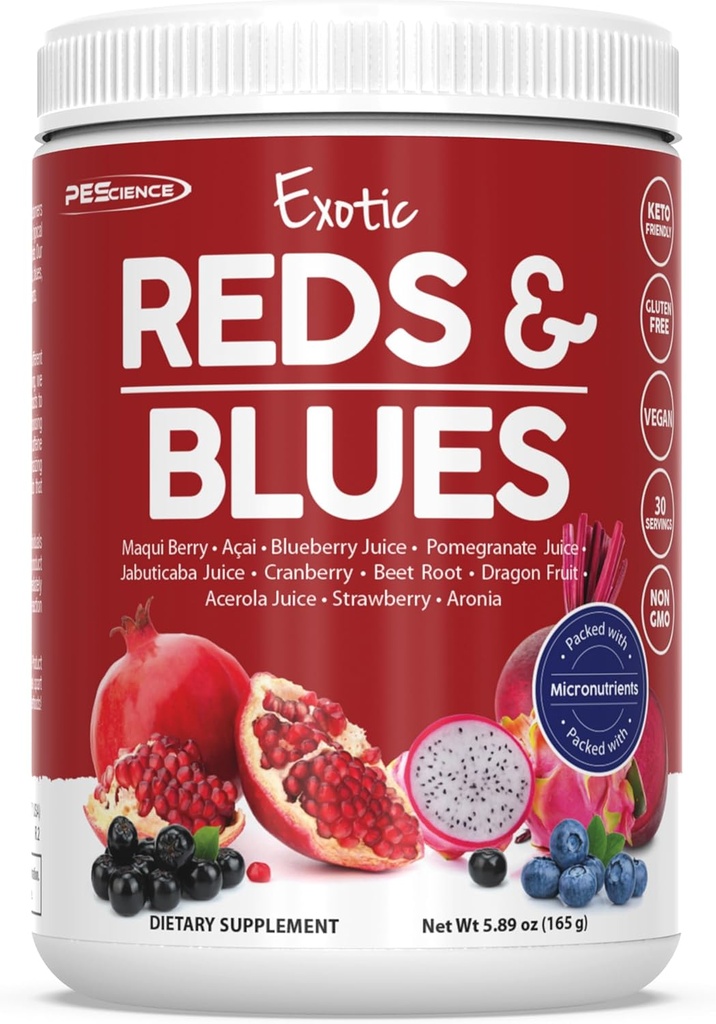 PEScience Reds & Blues Superfoods pulver, 30 serveringer, Myo-Inositol Supplement, Beet Root Powder, Pomegranate og Acai Extract, Frys-Dried Antioksidant Fruktblanding