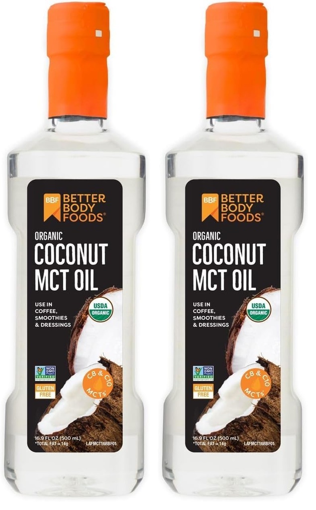 BetterBody Foods Organic Coconut MCT Oil - Energy Boosting- Keto-Friendly - C8 & C10 - Gluten Free - 16.9 oz (Pack of 2)