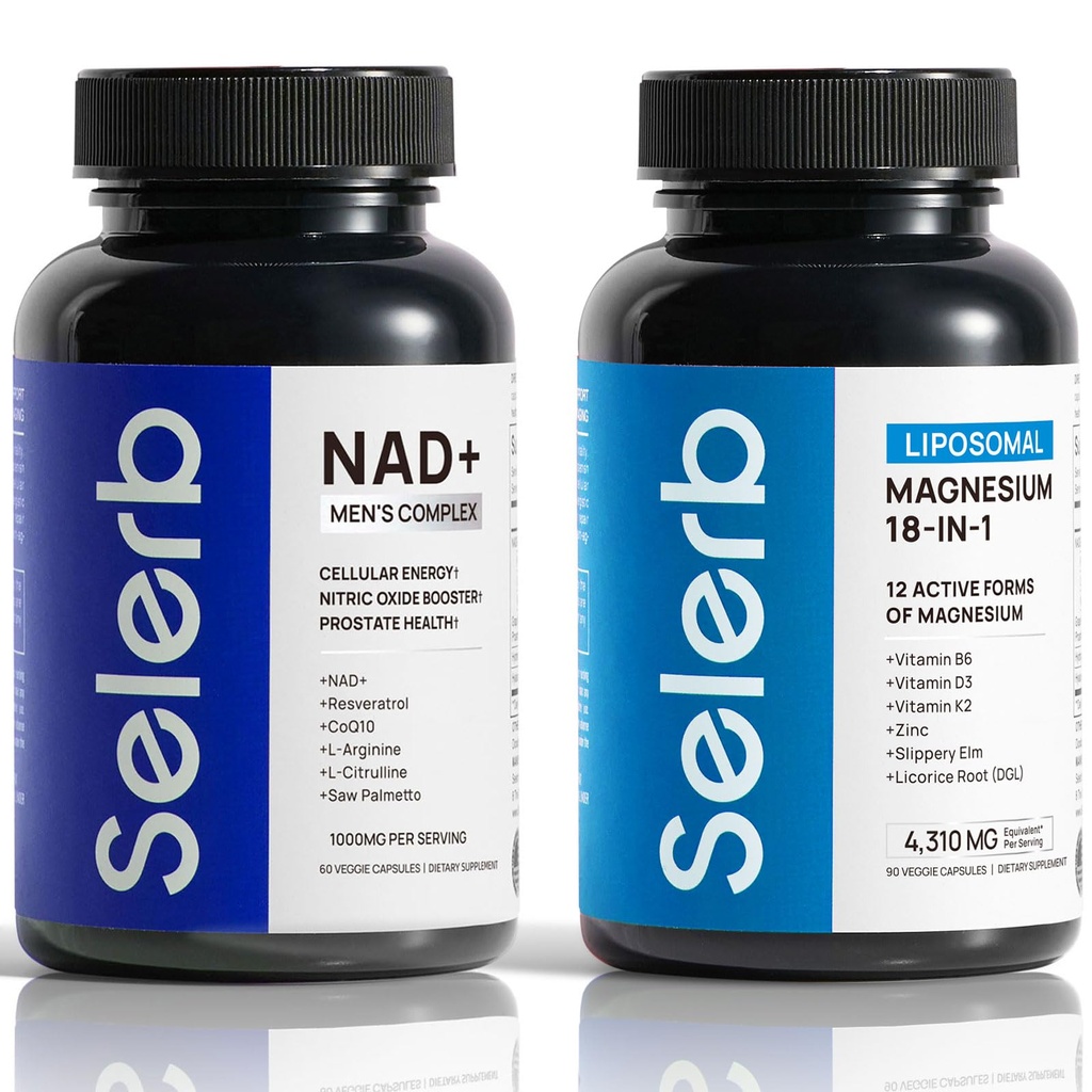Selerb NAD+ Supplements for Men & 18 in 1 Magnesium Complex – Cellular Energy, Muscle, Sleep & Bone Support with Nitric Oxide, Resveratrol, CoQ10, Liposomal Magnesium, D3 & K2